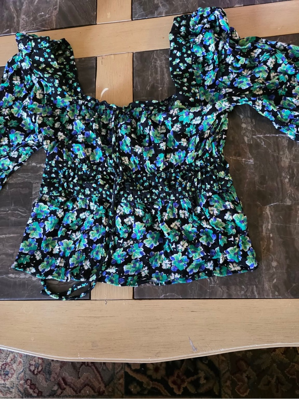 SO Black Floral Off-Shoulder Smocked Blouse with Blue & Green Flowers